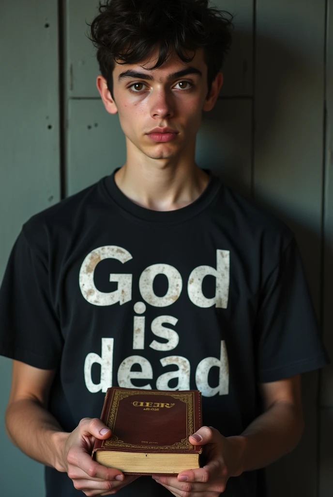 Shirt that says God is dead and a bible in hand and eyebrow piercing