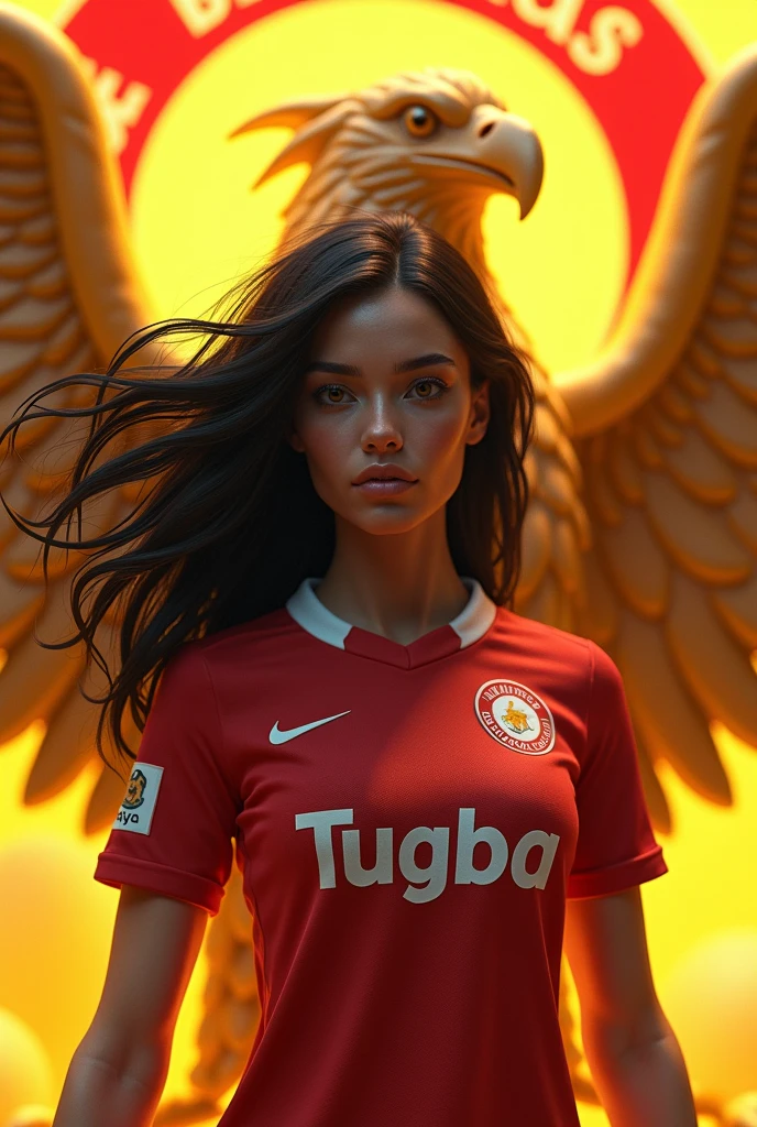 Live 3D Beşiktaş logo in the background, Live 3D eagle figure on the sides, Black Haired Beautiful Woman in front, TUGBA text on the black and white Beşiktaş jersey, MAY THE COLOR BE GOLDEN YELLOW