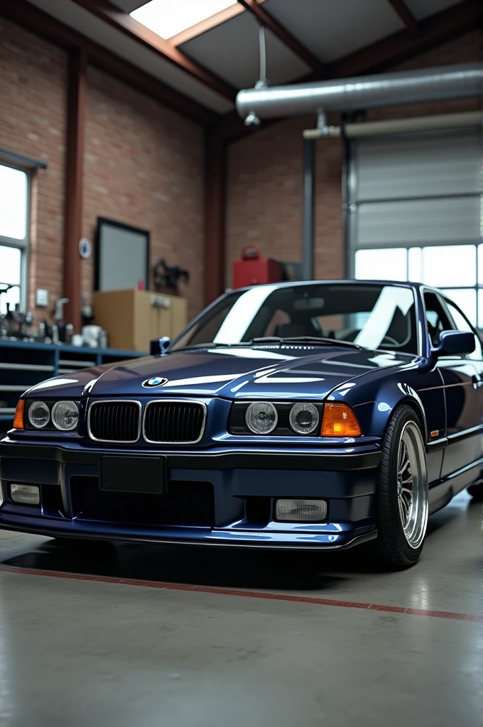 BMW E36 repaired in a workshop named IRON GARAGE, image ultra realistic, strong striking lines