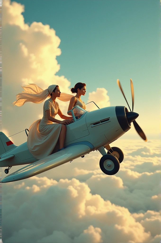 Create an image of two women in clothes driving a plane 