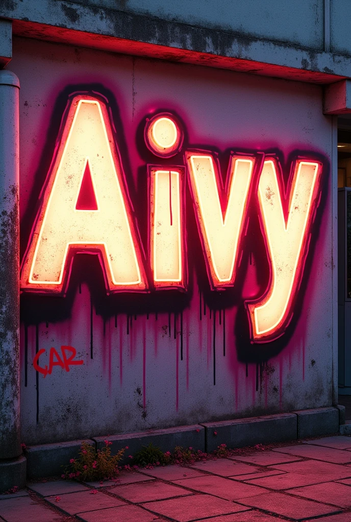 Photo detaillee mur exterieur realiste avec graffity peint a la bombe du nom “Aivy”
lettrage avec toutes les lettres epaisse qui fusionnent entre elles dans un style graffiti flop
A l’interieur du lettrage : degrade de rose vers orange
contour exterieur noir contour lumiere interieur blanc epais
Peinture a la bombe realiste