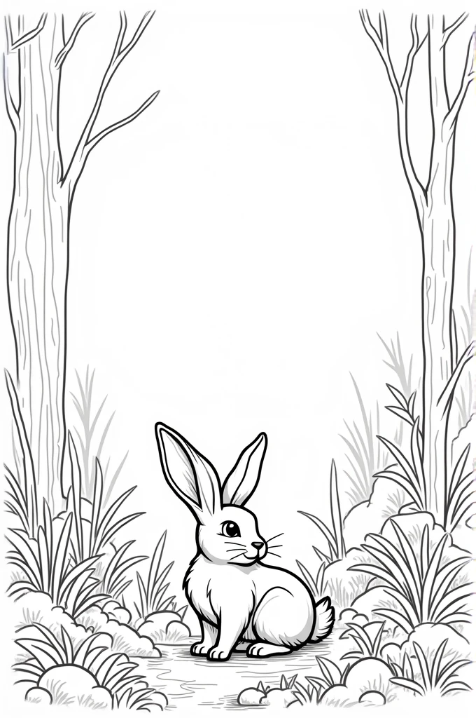 Rabbit in the forest black and white style coloring page without shading