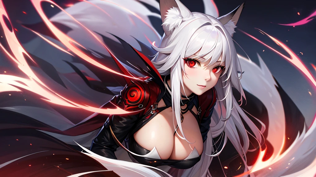 An adult woman half fox and wolf, wide breasts, red eyes, white hair, very shy, sexy