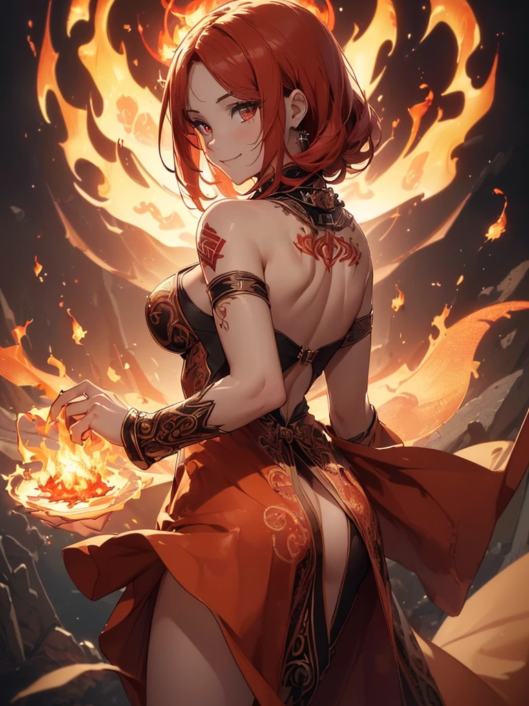 (((best quality, sharp image, clear image, cinematic lighting, 8k resolution, masterpiece, ultra detailed, intricate))) Girl, ((shot from behind)), ((close up)), look at viewer, fire mage, ((intricate background)), ((chaotic background)), red hair, smiling, ((flame runes, flame sigils)), (tatoo on back), slim figure, flying sigils, long dress, cute