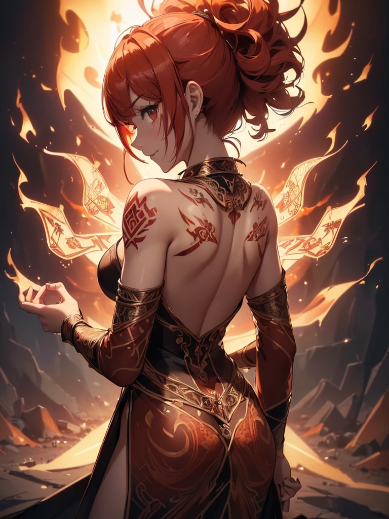 (((best quality, sharp image, clear image, cinematic lighting, 8k resolution, masterpiece, ultra detailed, intricate))) Girl, ((shot from behind)), ((close up)), look at viewer, fire mage, ((intricate background)), ((chaotic background)), red hair, smiling, ((flame runes, flame sigils)), (tatoo on back), slim figure, flying sigils, long dress, cute