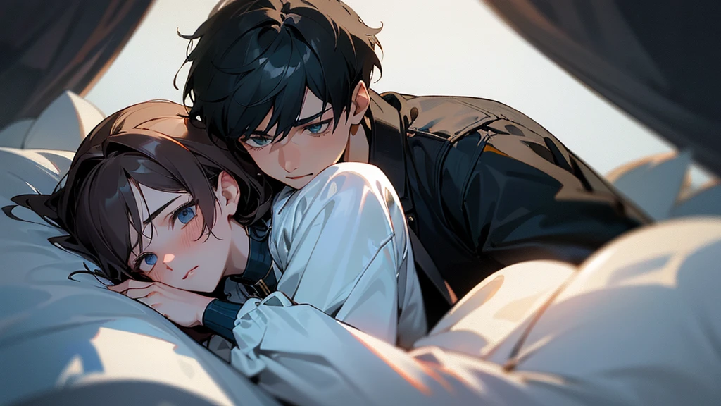 A portrait of a 16-year-old boy with a slightly concerned or confined expression, his face showing a mix of emotions. The girl from his dream, dressed in a warm and stylish housewife outfit, is hugging him from behind. The scene is set in a cozy, well-kept home environment. The girl's comforting embrace contrasts with the boy's expression, creating a touching moment of support and affection.