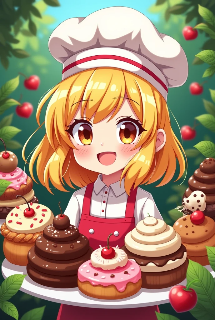 logo,Kizi, anime food, baking art, brigadiers frescas ao fundo, candies, Truffles, brigadiers, chocolates, candies finos, blondie hair