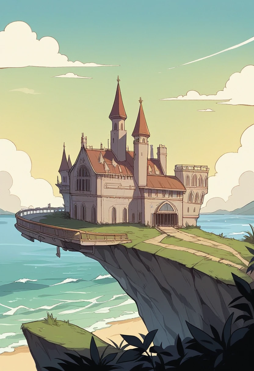 The image shows a Peruvian coastal scene featuring a large buttery yellow castle-like building designed in the 1920s with an area of 2800 m2, located on a 40 meter high rocky cliff overlooking a vast sandy beach and ocean. The building has several levels with arched windows and 2 towers at the top. The sky is partly cloudy with a mix of blue and white tones. The sea waves break gently on the shore and in the distance you can see some small boats. The overall design is horizontal, with the building on the left side and the expansive beach and ocean extending to the right.