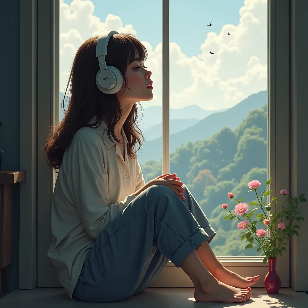 a brunette girl,listing to music from her head phones while closing her eyes. She is seated on the window pane, with the view behind her.