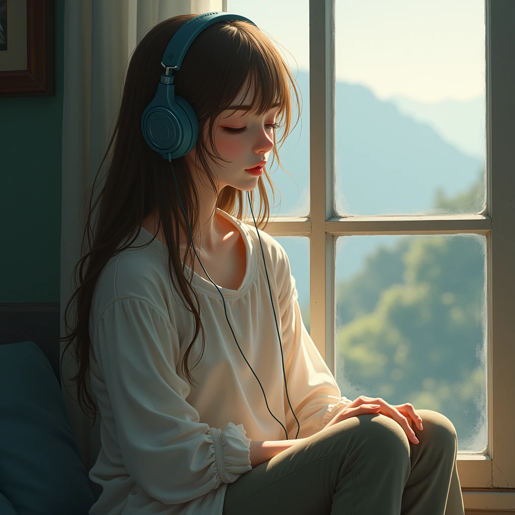 a brunette girl,listing to music from her head phones  while closing her eyes. She is seated on the window pane, with the view behind her. 