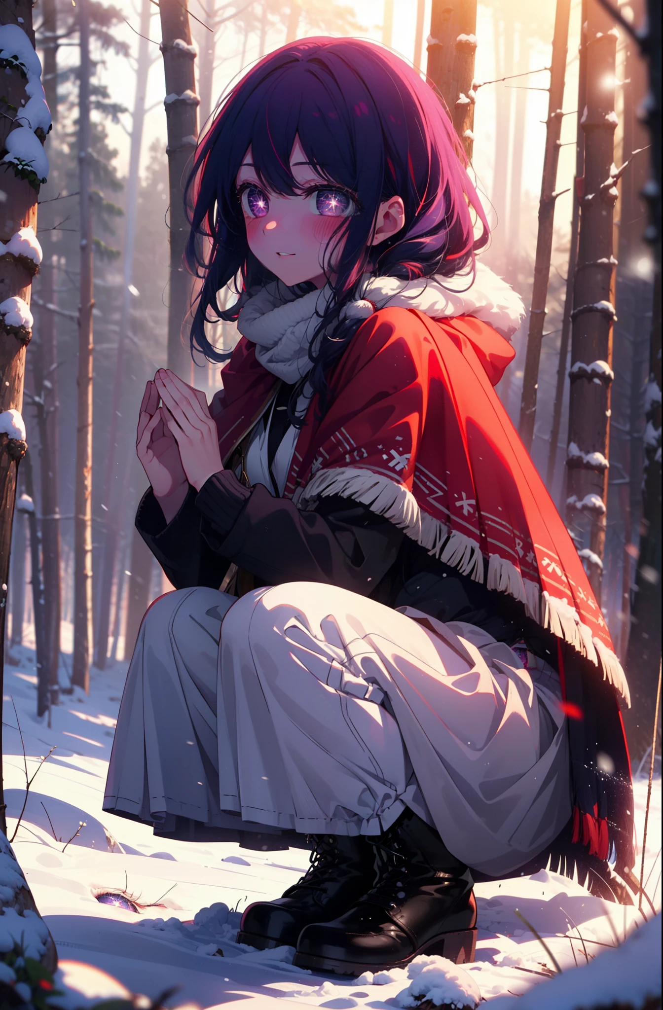 aihoshino, Ai Hoshino, Long Hair, bangs, (Purple eyes:1.1), Purple Hair, (Symbol-shaped pupil:1.5), smile,,smile,blush,white breath,
Open your mouth,snow,Ground bonfire, Outdoor, boots, snowing, From the side, wood, suitcase, Cape, Blurred, , forest, White handbag, nature,  Squat, Mouth closed, Cape, winter, Written boundary depth, Black shoes, red Cape break looking at viewer, Upper Body, whole body, break Outdoor, forest, nature, break (masterpiece:1.2), Highest quality, High resolution, unity 8k wallpaper, (shape:0.8), (Beautiful and beautiful eyes:1.6), Highly detailed face, Perfect lighting, Highly detailed CG, (Perfect hands, Perfect Anatomy),