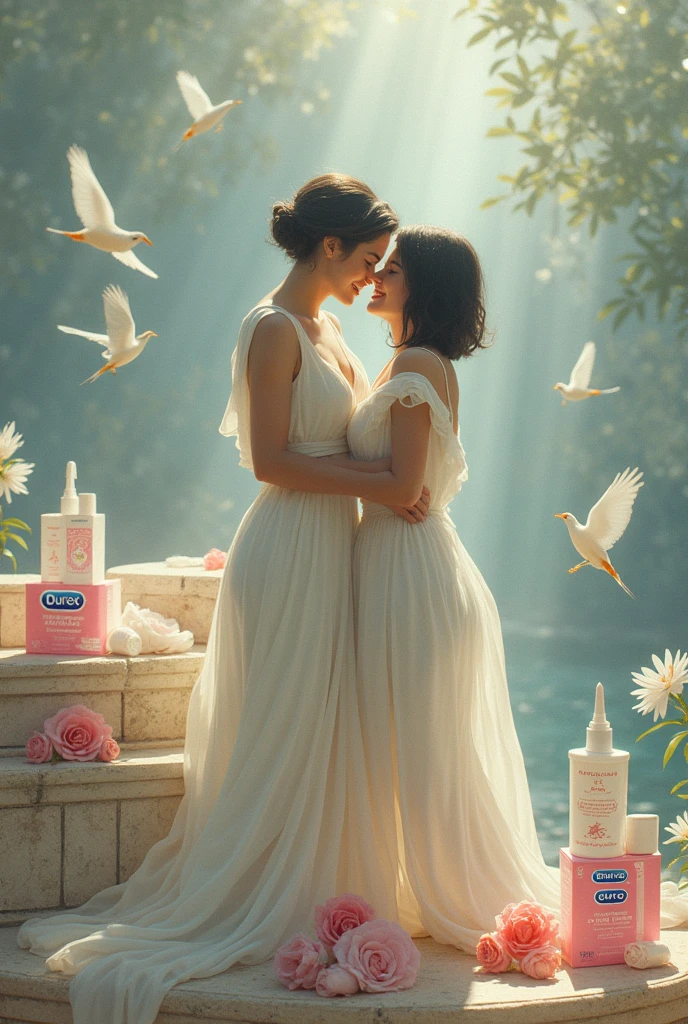 Sappho of lesbos, white dress and short dark hair is happy with Aphrodite and they have Durex products