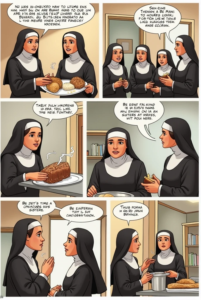 comic strip where in several boxes they present situations in which there is a priest and a nun. helping the sick and creating a community of sisters who help others. with text in Spanish