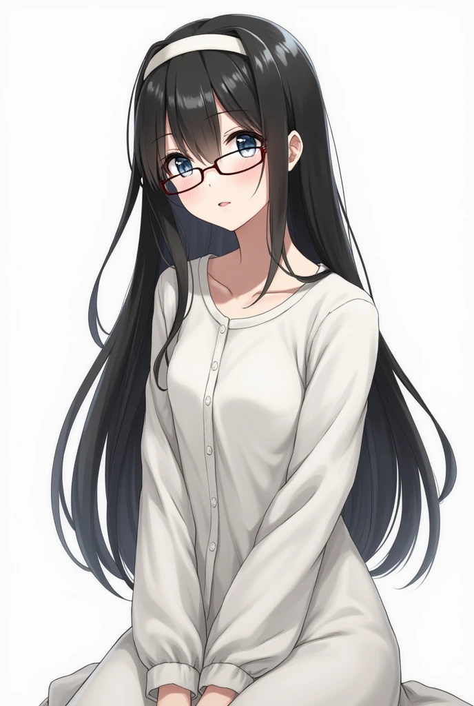 Wearing glasses, 1 Japan, Long Hair, High resolution, Small breasts, sight, Black Hair, Anatomically correct, Sparkling eyes, Eyebrows hidden under hair, hair band, Long shirt dress, Full body portrait,Long Hair, look up, Blushing,