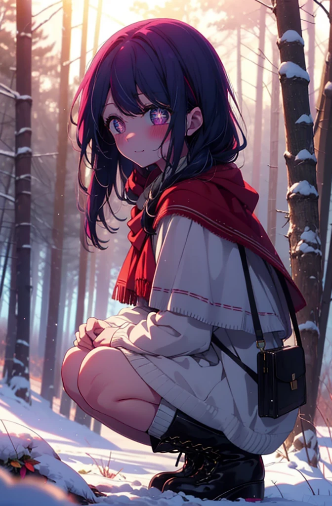 aihoshino, Ai Hoshino, Long Hair, bangs, (Purple eyes:1.1), Purple Hair, (Symbol-shaped pupil:1.5), smile,,smile,blush,white breath,
Open your mouth,snow,Ground bonfire, Outdoor, boots, snowing, From the side, wood, suitcase, Cape, Blurred, , forest, White handbag, nature, Squat, Mouth closed, Cape, winter, Written boundary depth, Black shoes, red Cape break looking at viewer, Upper Body, whole body, break Outdoor, forest, nature, break (masterpiece:1.2), Highest quality, High resolution, unity 8k wallpaper, (shape:0.8), (Beautiful and beautiful eyes:1.6), Highly detailed face, Perfect lighting, Highly detailed CG, (Perfect hands, Perfect Anatomy),