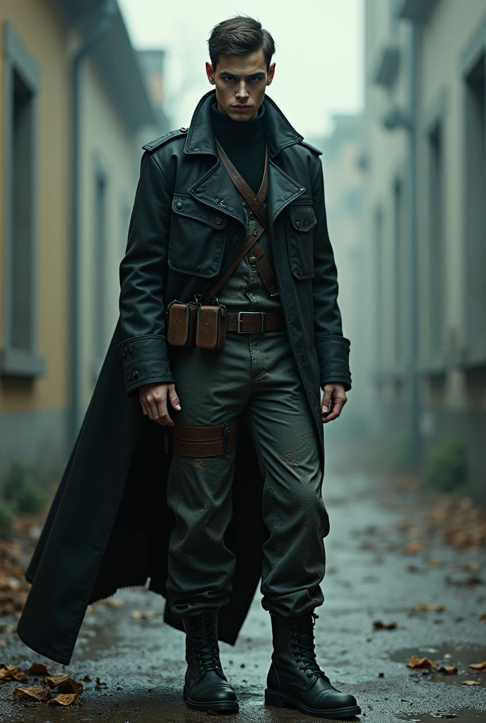 Give me an anti-hero that uses , a military pants, Boots, dark jacket and a distinguished mask. Plus give it a touch of Rorschach. But now show me without a mask, that has Russian features and is somewhat young