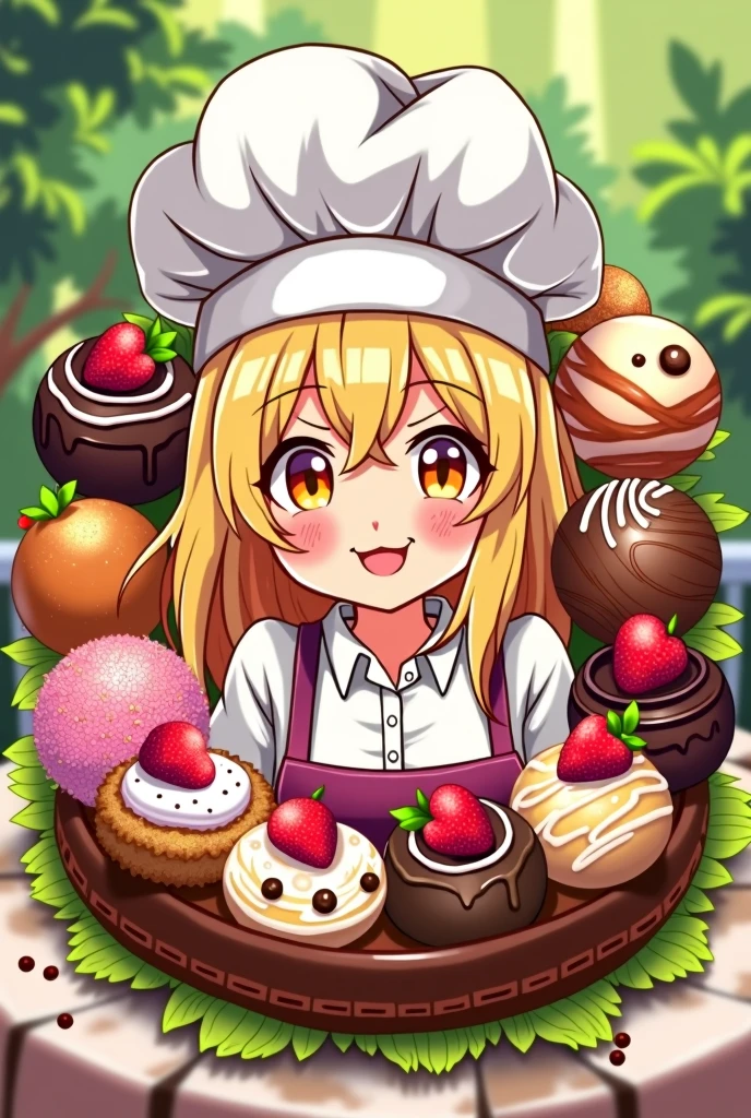 logo,Kizi, anime food, baking art, brigadiers frescas ao fundo, candies, Truffles, brigadiers, chocolates, candies finos, blondie hair