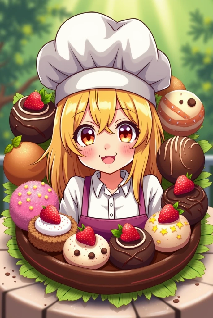 logo,Kizi, anime food, baking art, brigadiers frescas ao fundo, candies, Truffles, brigadiers, chocolates, candies finos, blondie hair