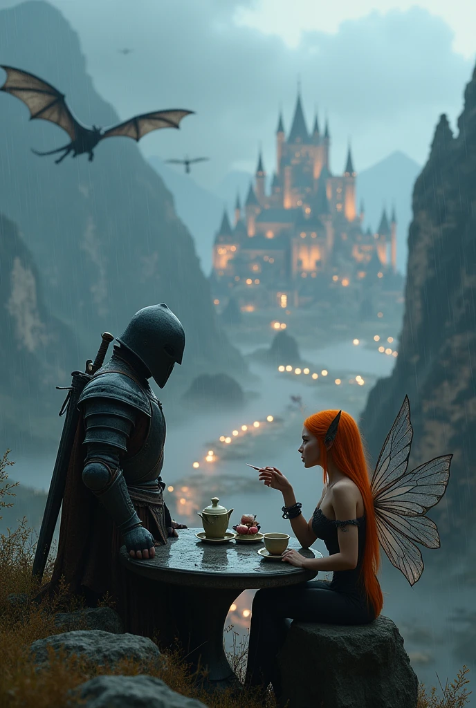 Romantic fantasy, in skyrim style. A man in armor and a black helmet covering his face, with sword, looking at a fairy with pointy ears and coppery orange hair drinking tea. The fairy is looking at the city behind the two. The two are sitting at a table facing each other on a very high hill., in mountains, It's raining and there are dragons flying in the sky. seen from a distance, a city in the sky lit up behind
