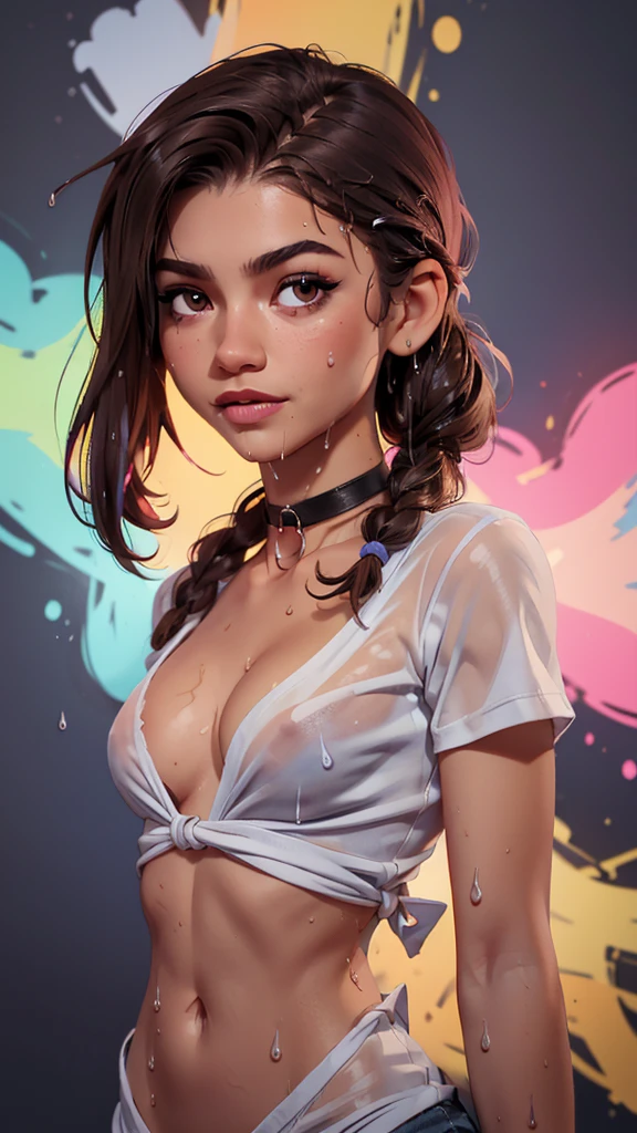 one girl, solo, (open stomach, bare stomach:1.3), slender body, fit body, (upper body, bust:1.2), (dark brown eyes:1.3), dark brown hair, (two cute braids:1.2), masterpiece, highly detailed, look at viewer, front view, (small breasts, tiny breasts, exposed breasts, deep cleavage:1.5), (transparent white t-shirt, wet t-shirt, choker:1.4), (studio lights, fractal art, bright colors, splashes of color background, colors mashing, paint splatter, complimentary colors, neon, compassionate, thunder, lightnings, electric, limited palette:1.1), expressing joy, (nipples:0.9)