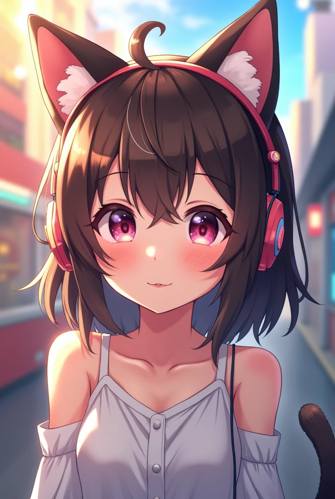  anime with brown hair and kitten headphones playing