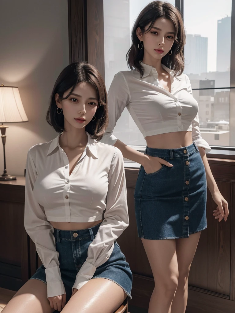 ((super high quality、High resolution、masterpiece、 Anatomically correct、Super detailed photos、Ultra-realistic photos、 Highest quality))、(2girls)、looking at viewer、((cowboy shot))、(from front)、(huge breast)、Small waist、Detailed face、Perfect figure、、(short hair)、((flashing brassiere:1.2))、((takeing off upper cloth))、(Pull the shirt down to the shoulders:1.3)、、Luxury hotel room with night view