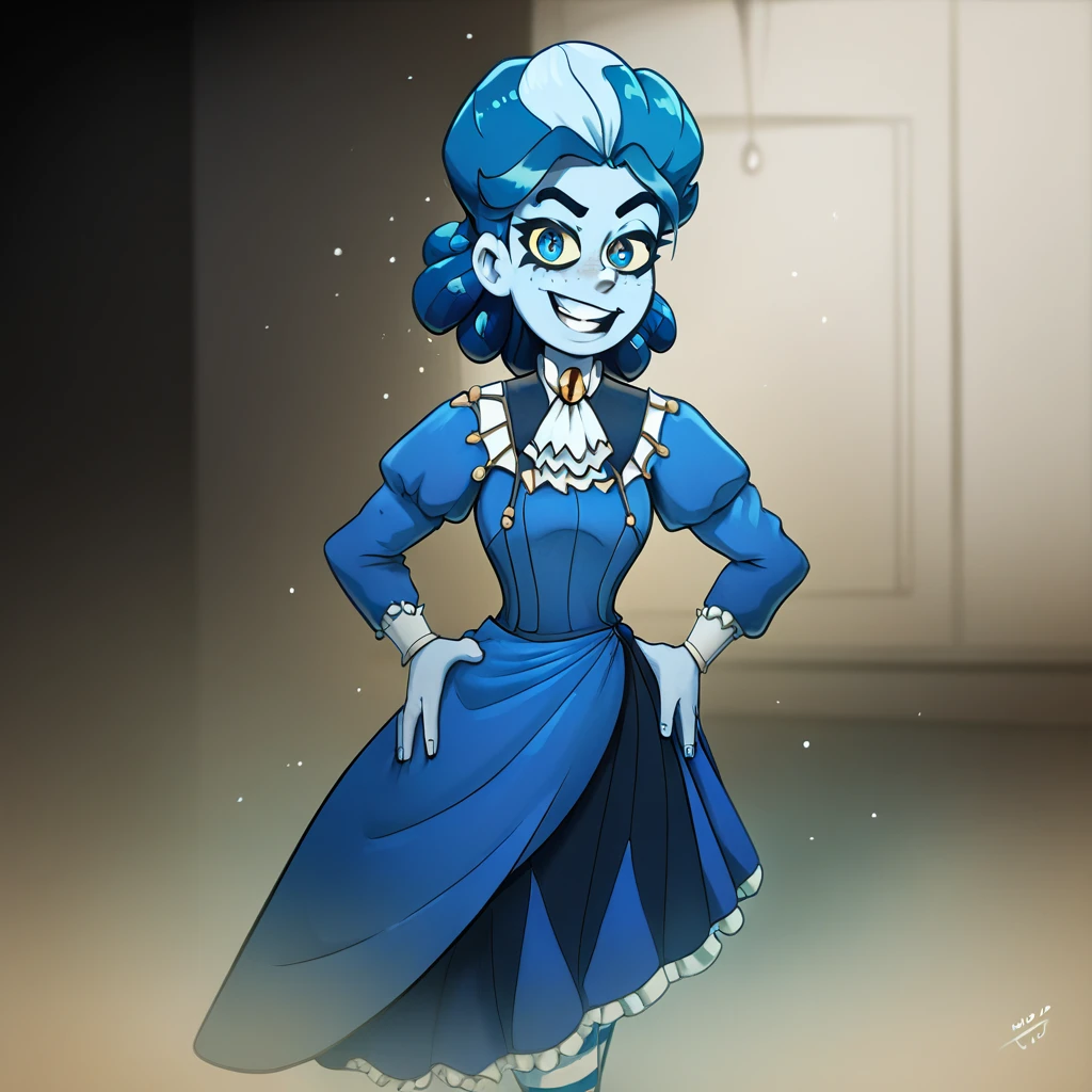 victorianstyle, frankelda, 1girl, solo, dress, striped, blue hair, puffy sleeves, colored skin, freckles, standing, evil smile, look at viewer, hands on hips, glowing blue eyes, yellow sclera, standing in a living room with a spiderweb rosette background, dark ambient, half body view, dust particles floating in the air