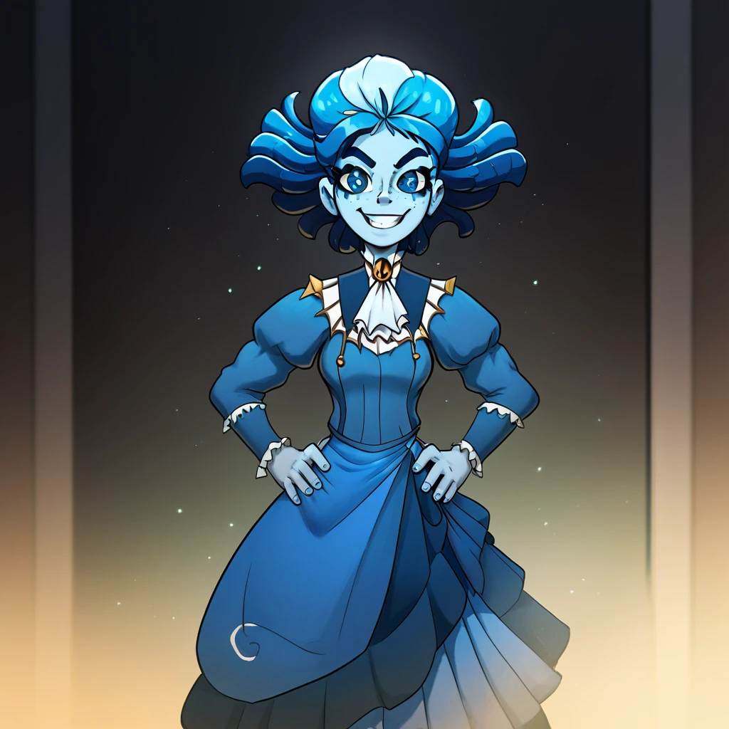 victorianstyle, frankelda, 1girl, solo, dress, striped, blue hair, puffy sleeves, colored skin, freckles, standing, evil smile, look at viewer, hands on hips, glowing blue eyes, yellow sclera, standing in a living room with a spiderweb rosette background, dark ambient, half body view, dust particles floating in the air
