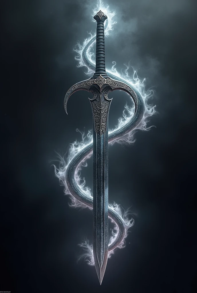 Une épée légendaire a double lame spirale. L'épée est entourée de flammes noires et argentées. Ultra realiste, 4k