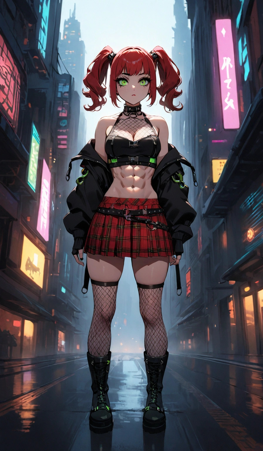 woman, stoic, curly red hair in pig tails, green eyes, black eyeshadow, wearing crop top black shirt, black hoodie, red plaid skirt, black knee high boots, black fingerless gloves, exposed shoulders, large breasts, freckles, abs, cleavage, looking down at viewer, cinematic lighting, masterpiece, best quality, best quality, Holo-Punk Style, cityscape, make up, eyelashes, fish net undershirt, fish net stockings, (full body)