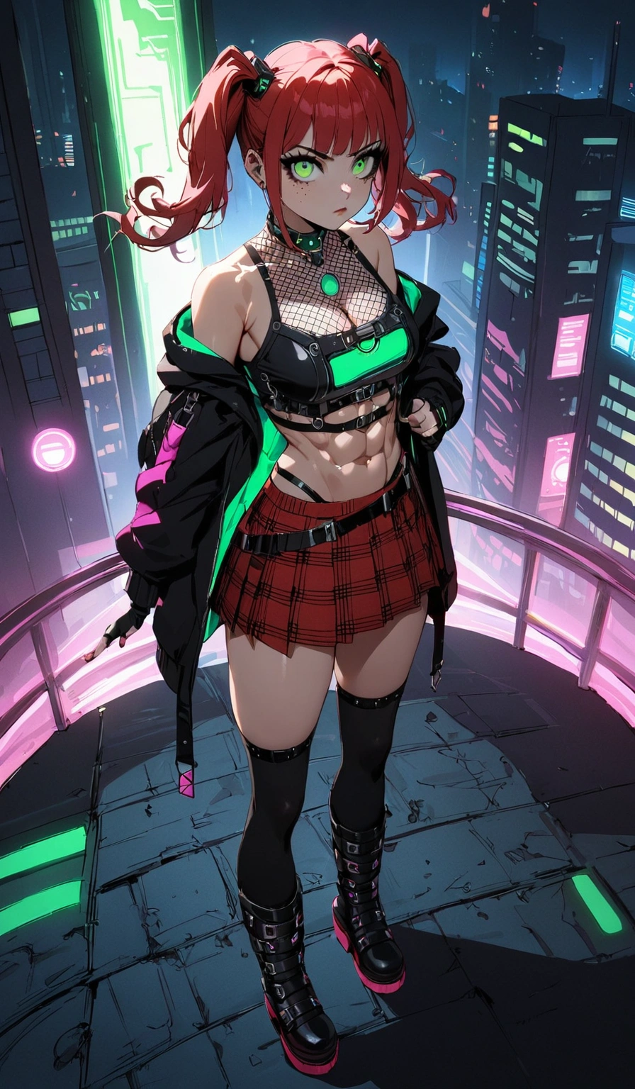 woman, stoic, curly red hair in pig tails, green eyes, black eyeshadow, black hoodie, red plaid skirt, black knee high boots, black fingerless gloves, exposed shoulders, medium breasts, freckles, abs, cleavage, looking up at viewer, cinematic lighting, masterpiece, best quality, Holo-Punk Style, cyber punk city, make up, eyelashes, fish net undershirt, fish net stockings, (full body)