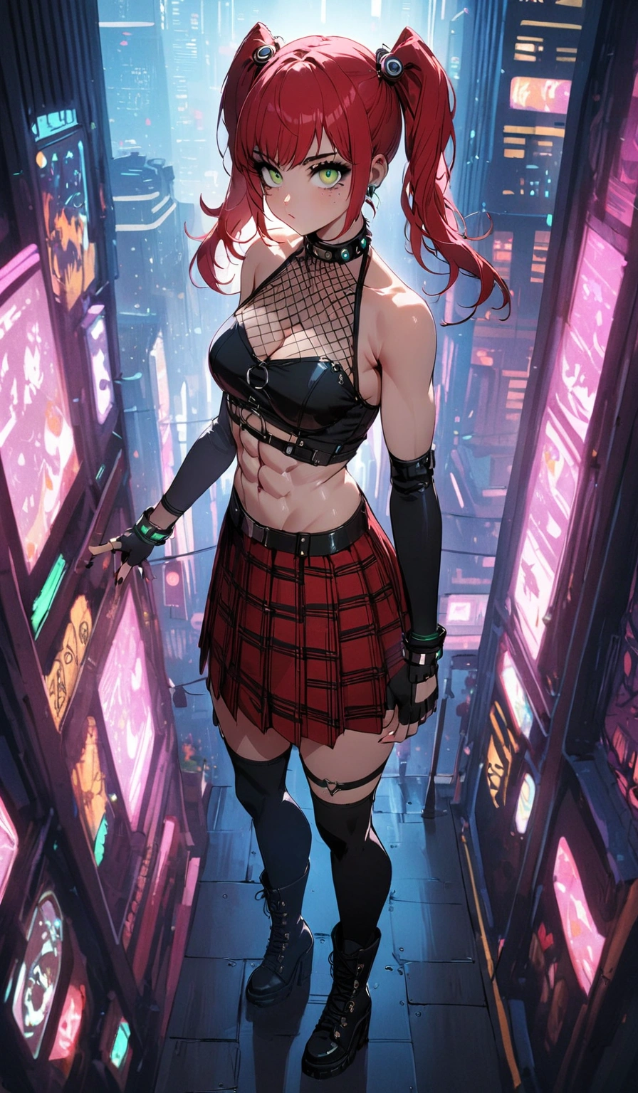 woman, stoic, curly red hair in pig tails, green eyes, black eyeshadow, black hoodie, red plaid skirt, black knee high boots, black fingerless gloves, exposed shoulders, medium breasts, freckles, abs, cleavage, looking up at viewer, cinematic lighting, masterpiece, best quality, Holo-Punk Style, cyber punk city, make up, eyelashes, fish net undershirt, fish net stockings, (full body)