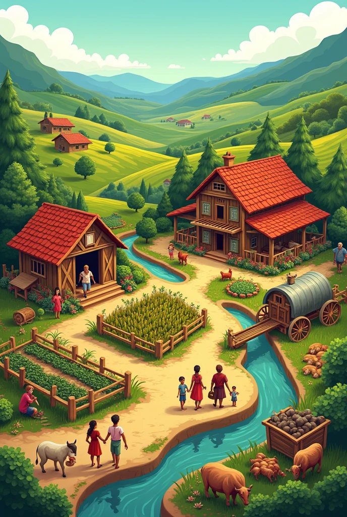 I need a picture of Zenon&#39;s farm, But instead of Zenon, say Emiliano&#39;s farm., I want it with all the characters and in SVG format