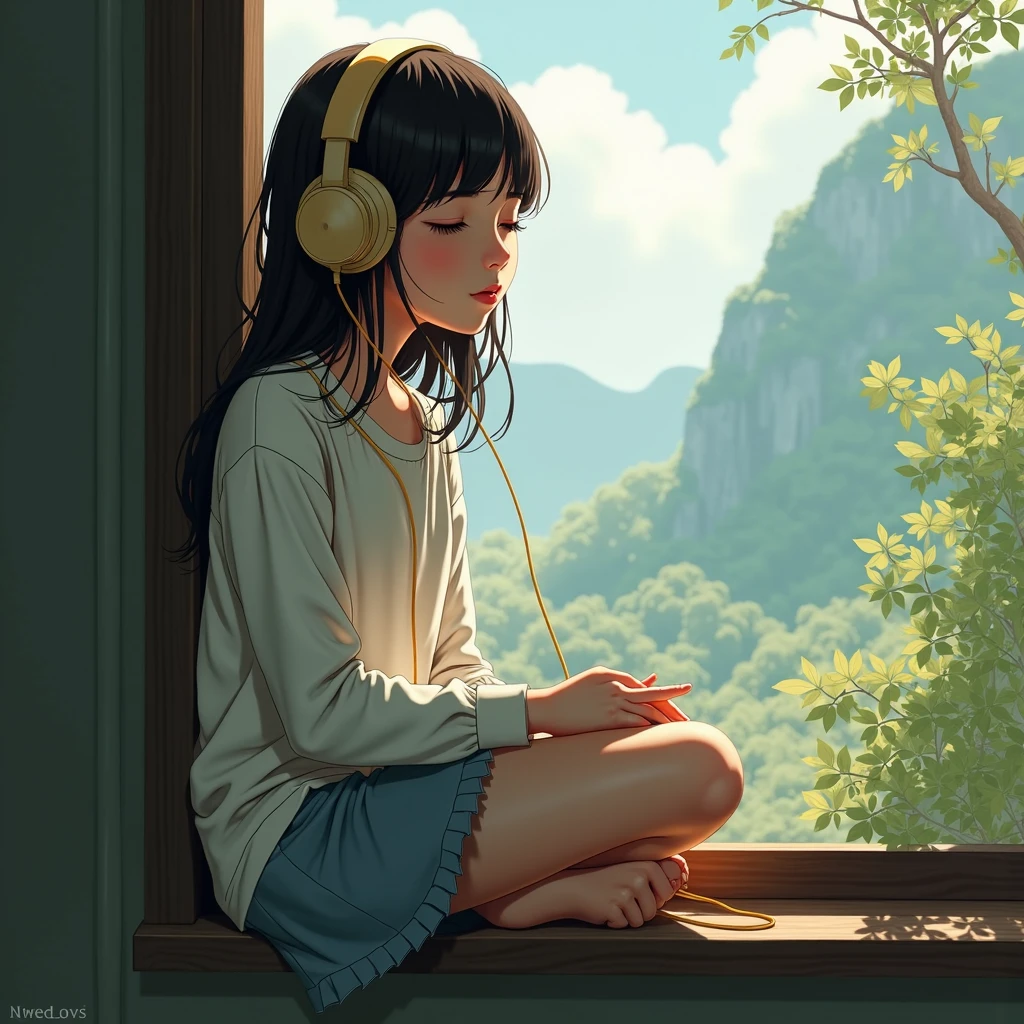 a brunette girl,listing to music from her head phones  while closing her eyes. She is seated on the window pane, with the view behind her. 