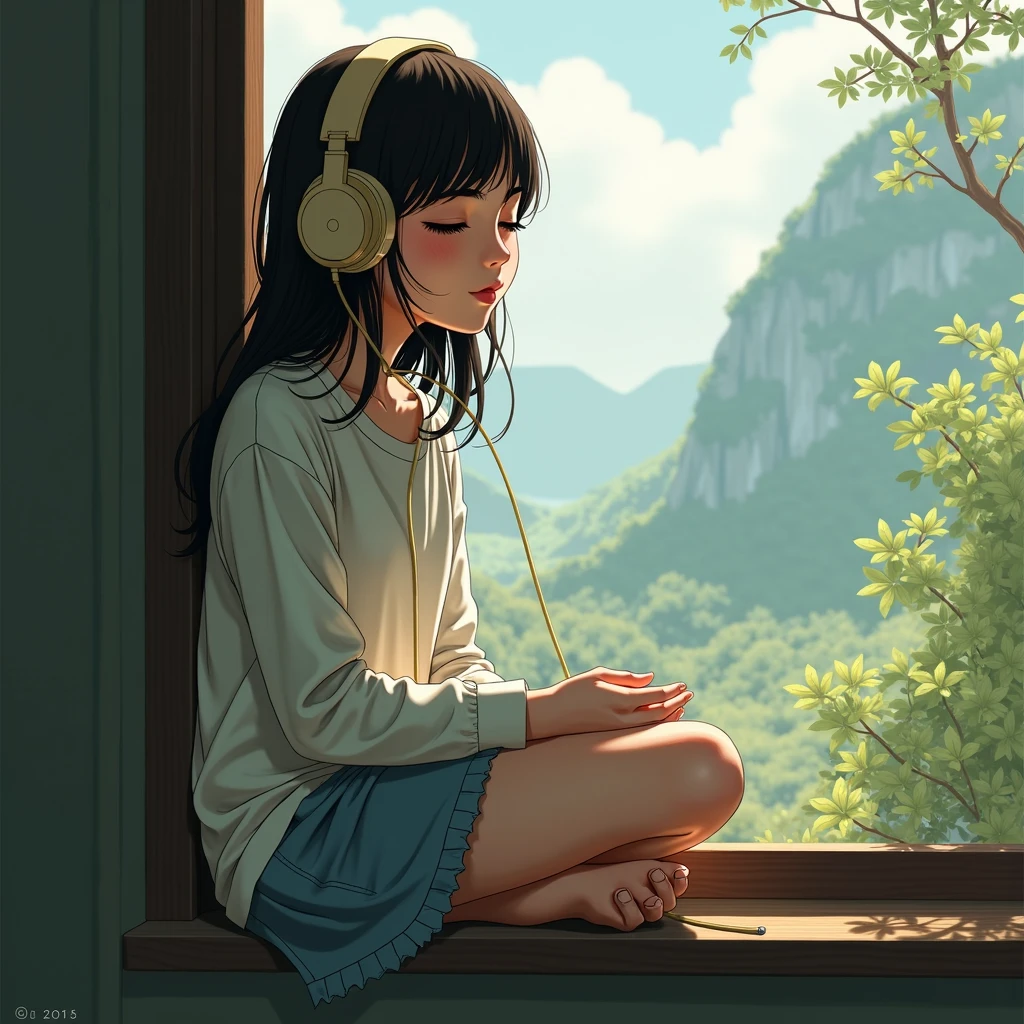 a brunette girl,listing to music from her head phones while closing her eyes. She is seated on the window pane, with the view behind her.