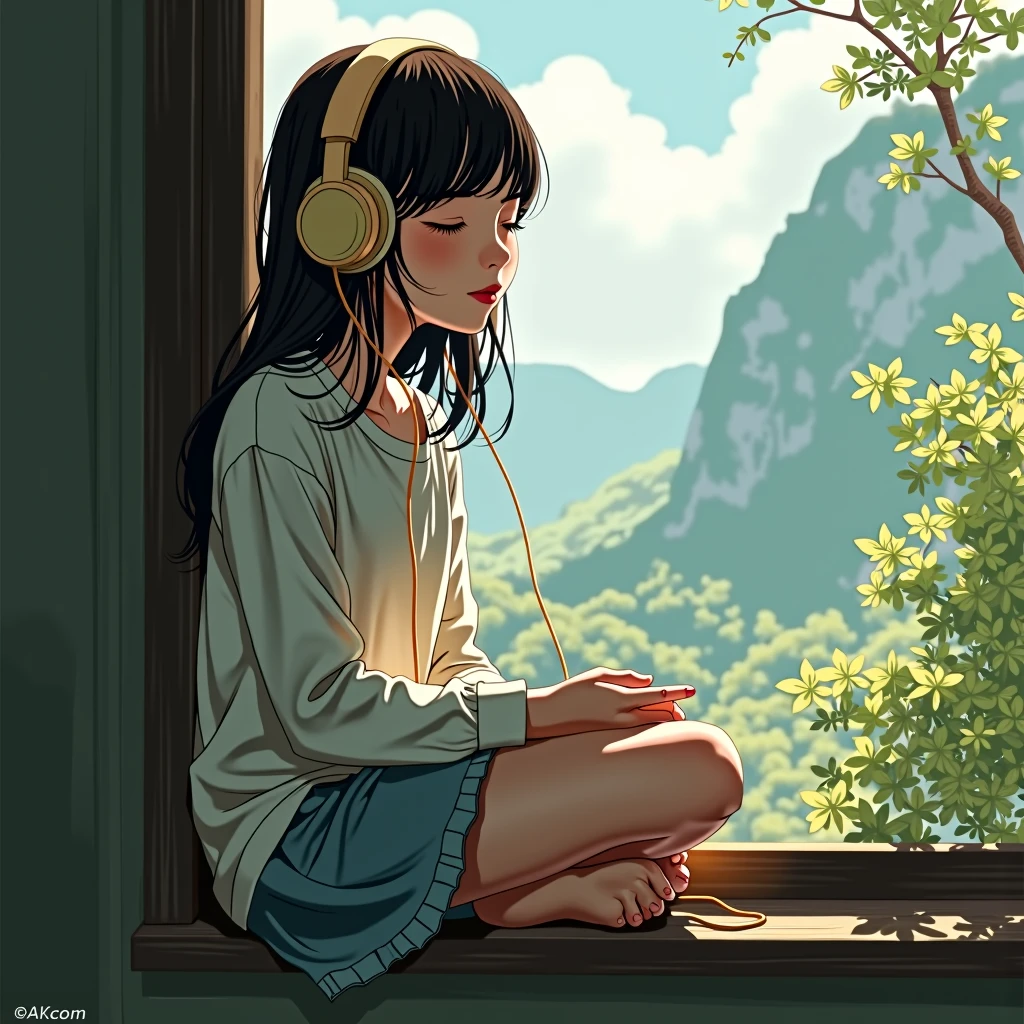 a brunette girl,listing to music from her head phones while closing her eyes. She is seated on the window pane, with the view behind her.