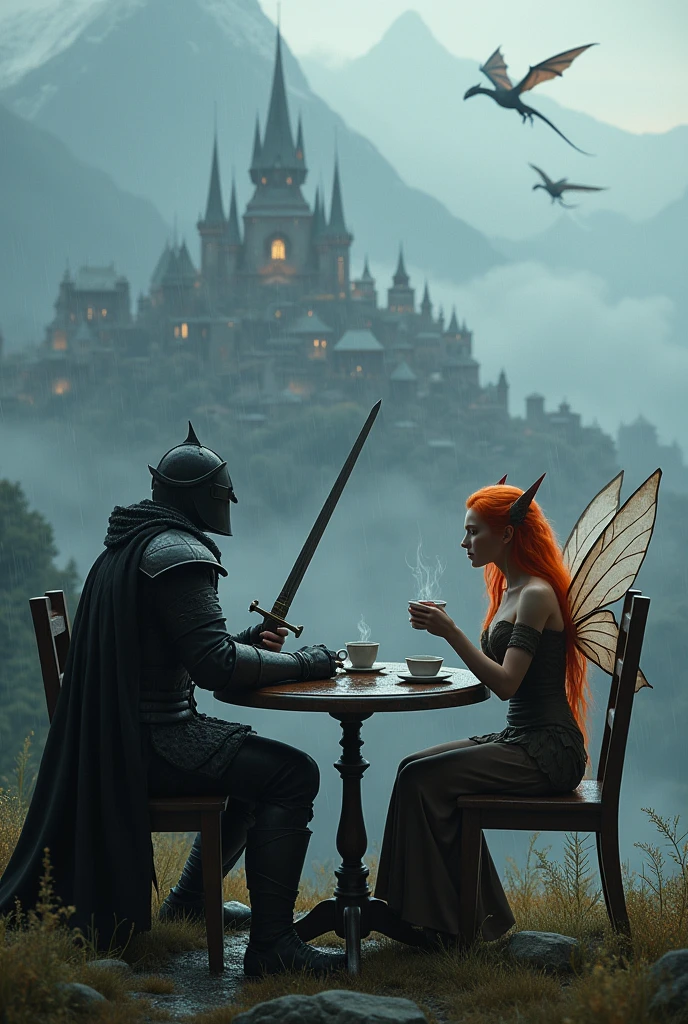 Romantic fantasy, in skyrim style. A man in armor and a black helmet covering his face, with sword, looking at a fairy with pointy ears and coppery orange hair drinking tea. The fairy is looking at the city behind the two. The two are sitting at a table facing each other on a very high hill., in mountains, It's raining and there are dragons flying in the sky. seen from a distance, a city in the sky lit up behind