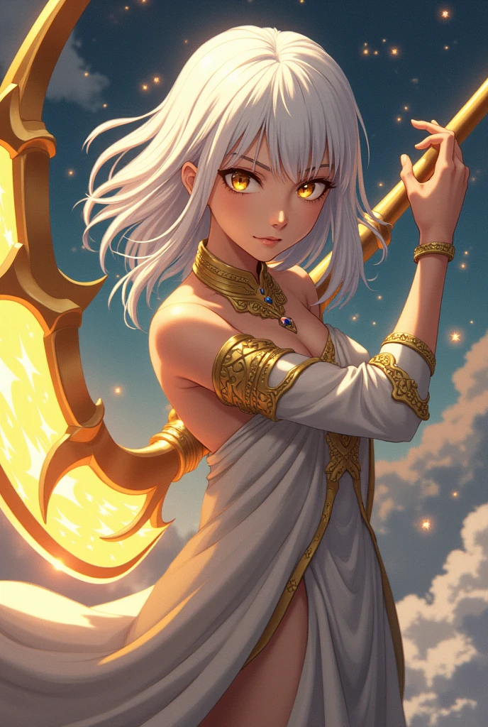 A young adult half-celestial with brown skin, shoulder-length white hair and pupil-less golden eyes, with a large golden sickle. made with anime lines.