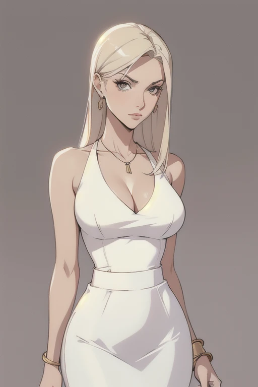makeup, mascara, Clean, sharp designs, flowing silhouettes, tight shirt, ((high-waisted pencil skirts)), simple buton up blouse, asymmetrical, geometric, Elegant and luxurious materials and designs, Simple, minimal accessories, Slim necklaces and rings in silver or gold, Simple bangles, Distinctive designs, simple silhouettes, deep v, plunging neckline, cleavage, vestido rojo, platinum blonde, chic and mature impression, simple and sophisticated style, elegance, minimalism, high quality materials, cool and urban impression, high fashion, large breasts, lithe, simplicity and sophistication,
