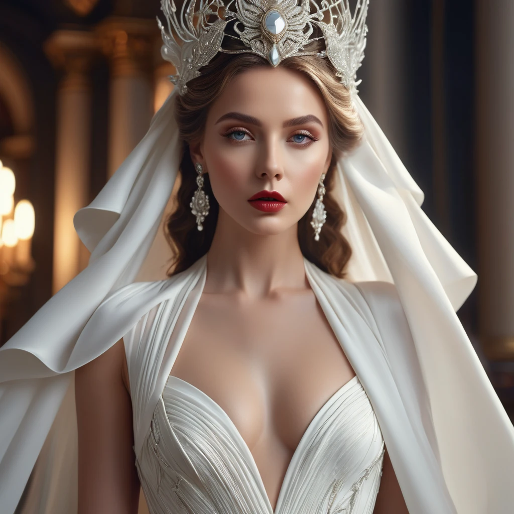 a beautiful woman in a avant-garde style dress, long flowing white dress, detailed elegant accessories, detailed beautiful face, detailed eyes and lips, cinematic lighting, highly detailed, photorealistic, 8k, masterpiece, dramatic composition