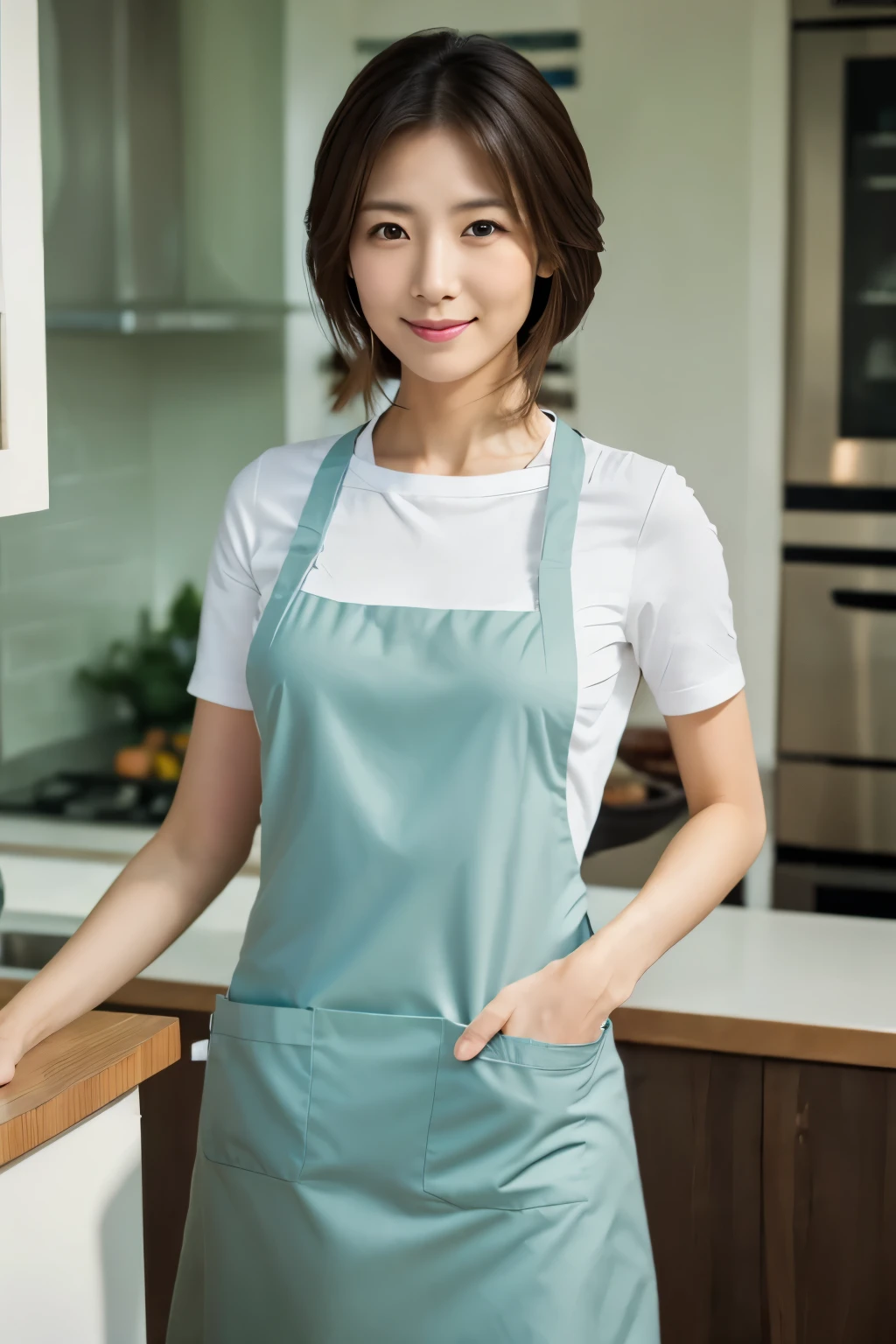 Masterpiece, Photogravure, High quality, Ultra-high resolution, 8K, Realistic, (Intricate details: 1.2), A skinny Japanese woman, 30 years old, {short|long} hair, cute face, no makeup, detailed face, beautiful eyes, detailed eyes, slender body, hourglass figure, anatomically correct body structure, (wearing a full-length apron: 1.4), looking into the camera. a photo captured at a kitchen filled with sunlight, white floor, white walls, cooking items, (plants: 0.8). full-body photo from various angles
