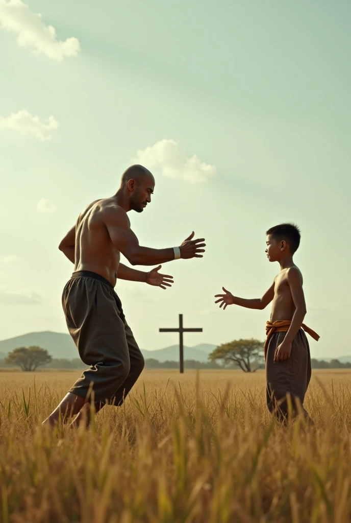 GENERATE an image of a Lethwei Master teaching Lethwei to a boy, in an open landscape with an Orthodox cross in the background.