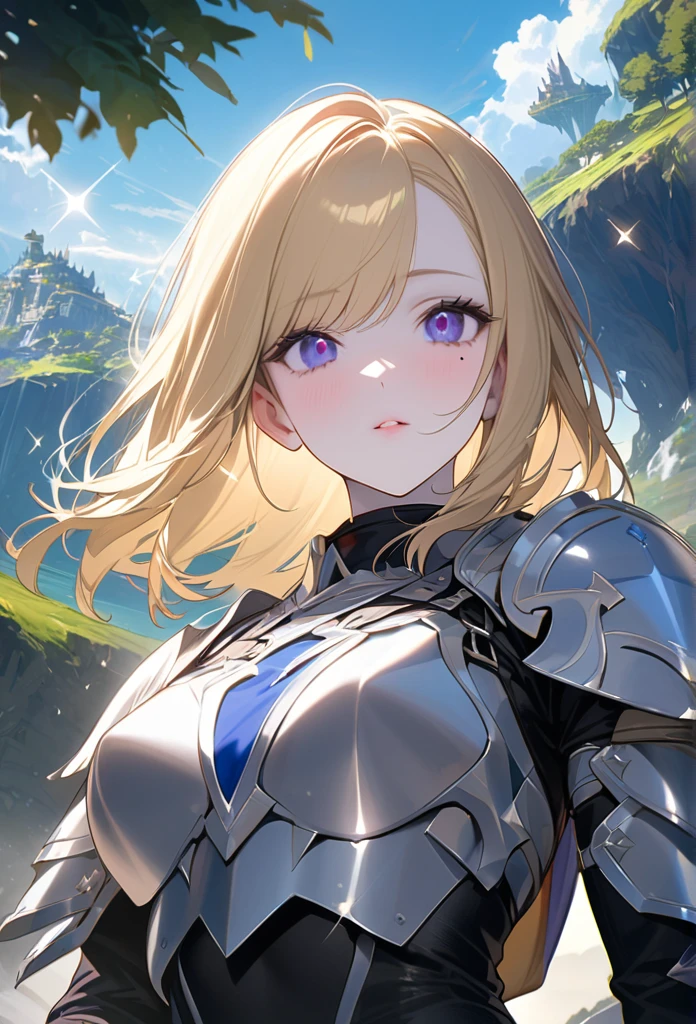 (One Woman),(Best image quality, 32K, masterpiece:1.3),((Blonde,Medium Hair:1.1)),(Swept-apart bangs,Braiding), (Cute eyes, Dark Eyes), (Detailed eyes),(Mole under right eye), (Standard weight), (Glowing Skin:1.1),(Pale skin:1.2),(A fantastic atmosphere),(look up),Ultra-high resolution, Textured skin, Sparkle Effect, adult,
Holy Knight,Paladin,White hex armor with blue decoration,Black innerwear,
Excalibur,
Mysterious giant tree,Floating Island,blue sky,Ocean,