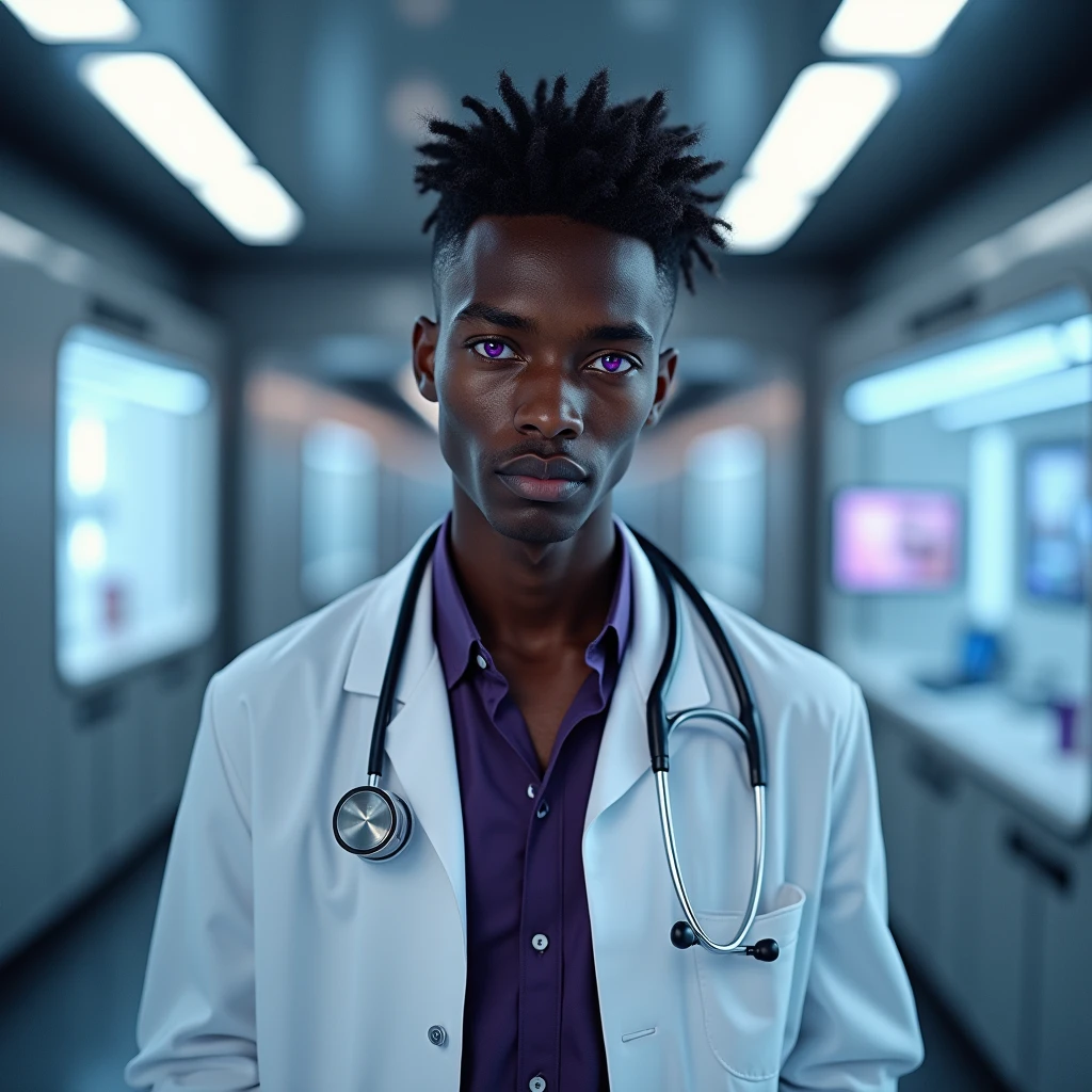 Photograph headshot of a very tall French-Nubian featured male model, medium wavy hair parted to the side hair, shaved, toned body, ebony skin, vibrant purple eyes, tall thin toned body. Gentle smile expression. Doctor coat, dark purple shirt, modern sci-fi hospital office.