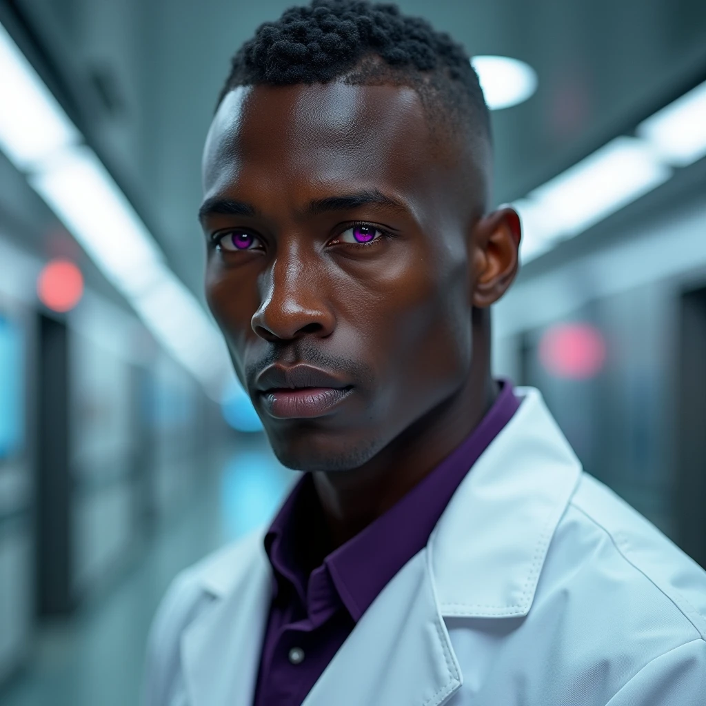 Photograph headshot of a very tall French-Nubian featured male model, medium wavy hair parted to the side hair, shaved, toned body, ebony skin, vibrant purple eyes, tall thin toned body. Gentle smile expression. Doctor coat, dark purple shirt, modern sci-fi hospital office.