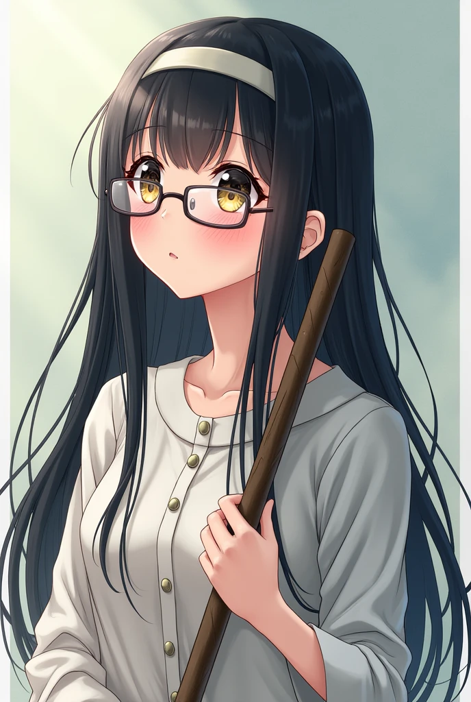 Wearing glasses, 1 Japan, Long Hair, High resolution, Small breasts, sight, Black Hair, Anatomically correct, Sparkling eyes, Eyebrows hidden under hair, hair band, Long shirt dress, Full body portrait,Long Hair, look up, Blushing, Real Stick,