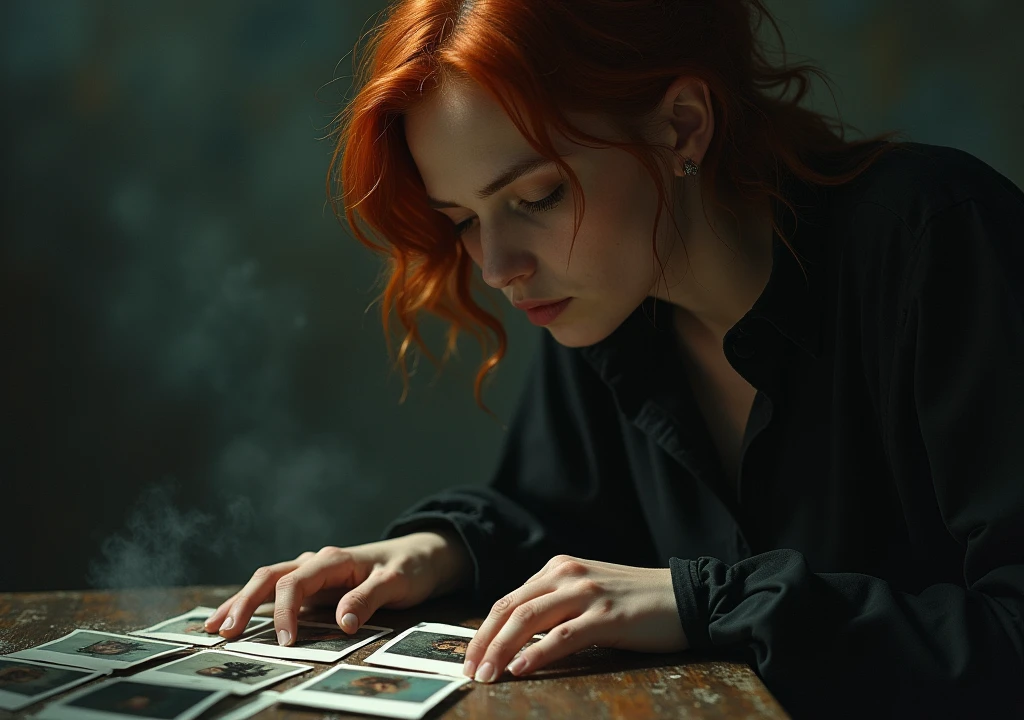 red-haired woman,looking at your burnt polaroids,deep in the darkness hell