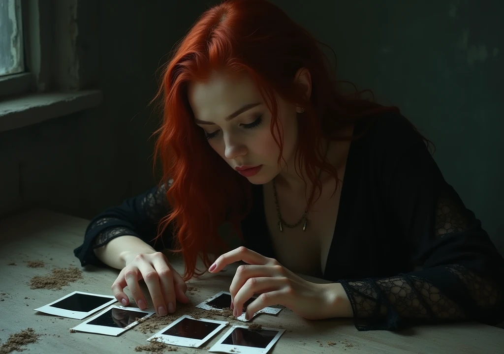 red-haired woman,looking at your burnt polaroids,deep in the darkness hell