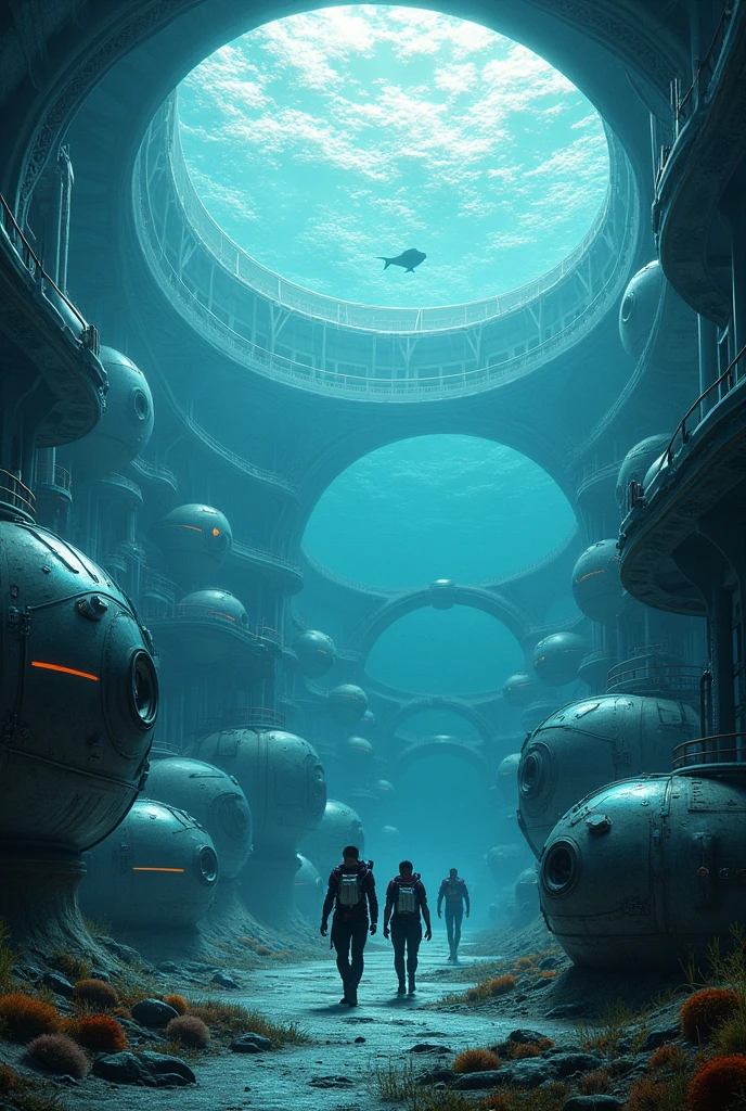 An underwater city, with a giant reinforced acrylic dome, keeping marine life out of it and men inside the city on life support.