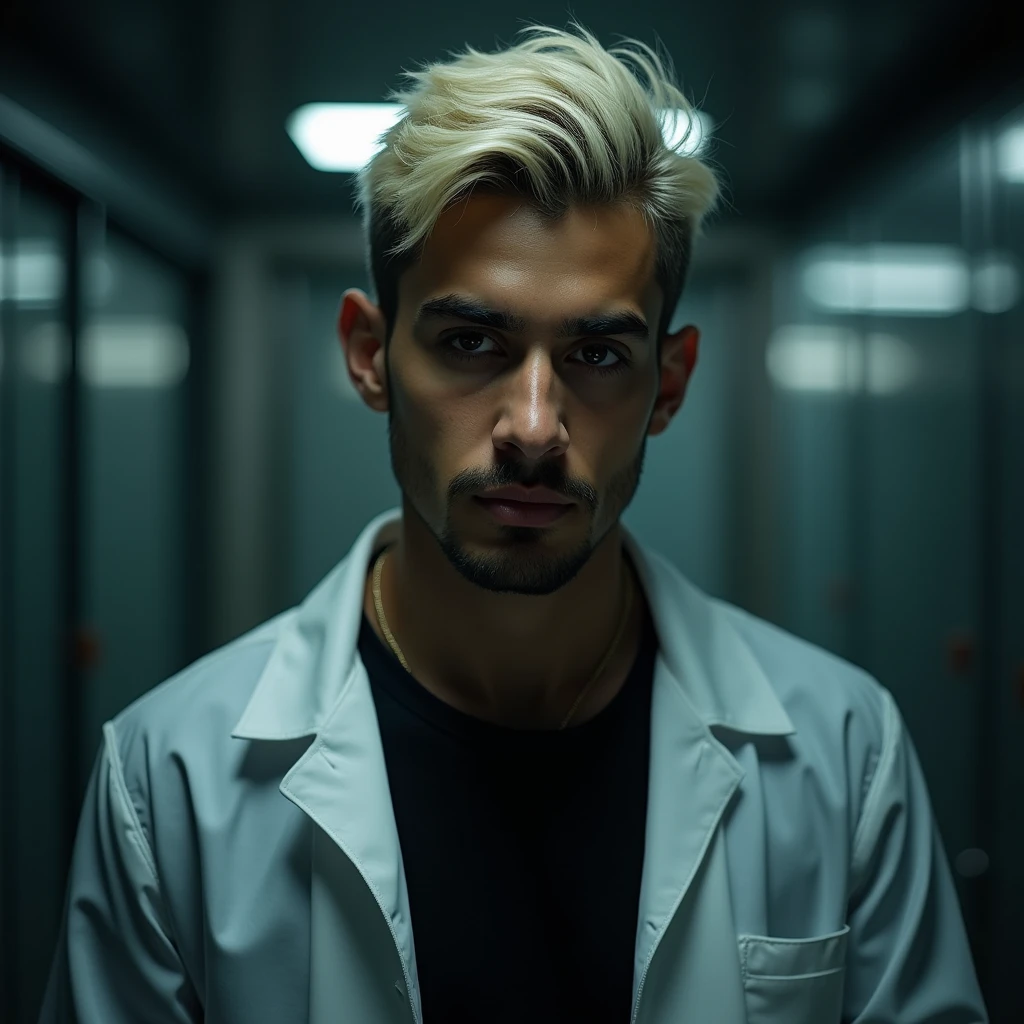 Photograph headshot of a very tall attractive young Middle Eastern-Arab-Egyptian featured male, short crew cut layered textured platinum blond wavy swept back hair, 5 o'clock shadow, lithe body, brown skin, dark red eyes, tall toned body. Professional expression. Lab coat, black shirt, dim fluorescent lighting, foreboding facility.